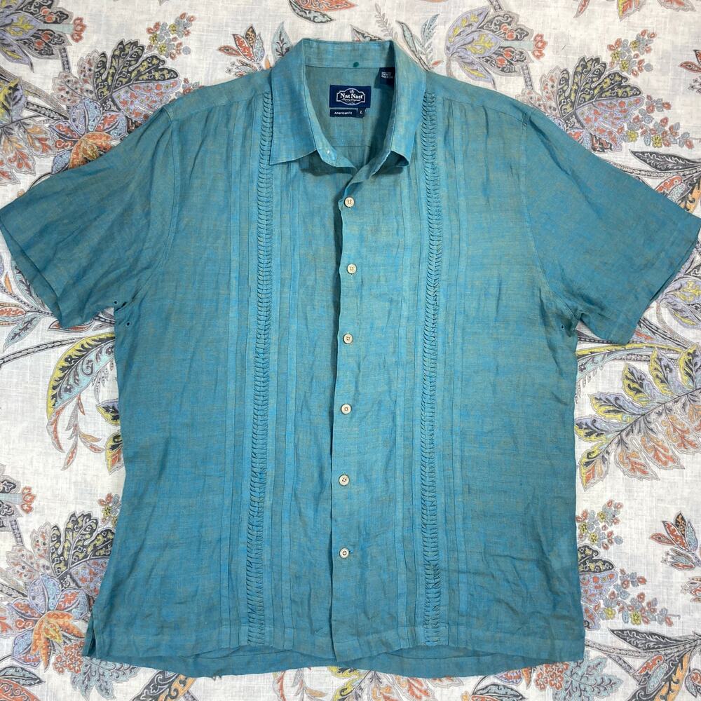 Nat Nast American Fit Deep End Blue Short Sleeve Linen Shirt L